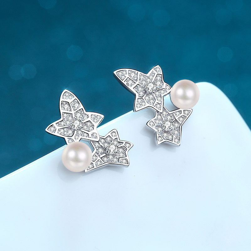 925 Sterling Silver Floral Star Stud Earrings - 0.68ct Moissanite & 6-7mm Pearls