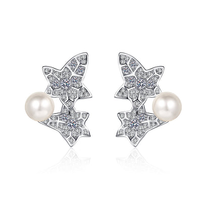 925 Sterling Silver Floral Star Stud Earrings - 0.68ct Moissanite & 6-7mm Pearls