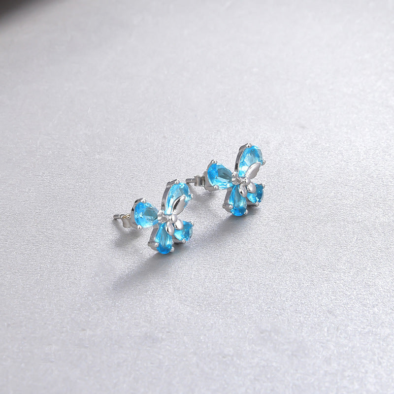 925 Sterling Silver Floral Stud Earrings - Korean Style Crystal Geometric Earrings with Plastic Stoppers