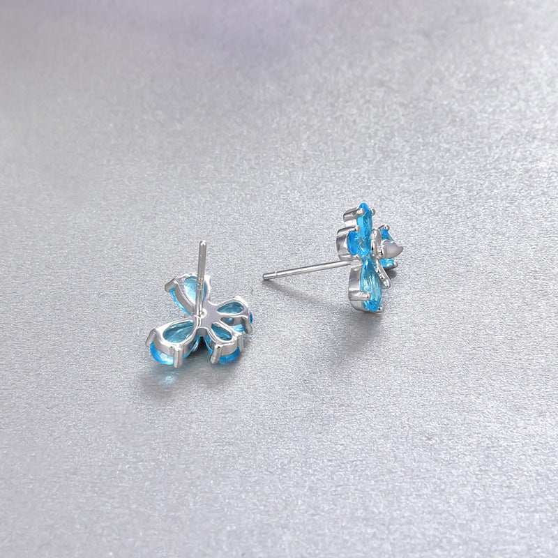 925 Sterling Silver Floral Stud Earrings - Korean Style Crystal Geometric Earrings with Plastic Stoppers