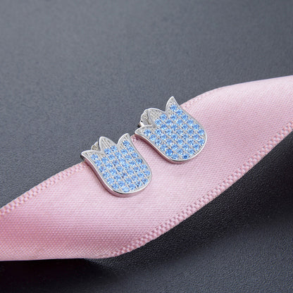 925 Sterling Silver Floral Stud Earrings - Korean Style Diamond Geometric Earrings with Plastic Stoppers