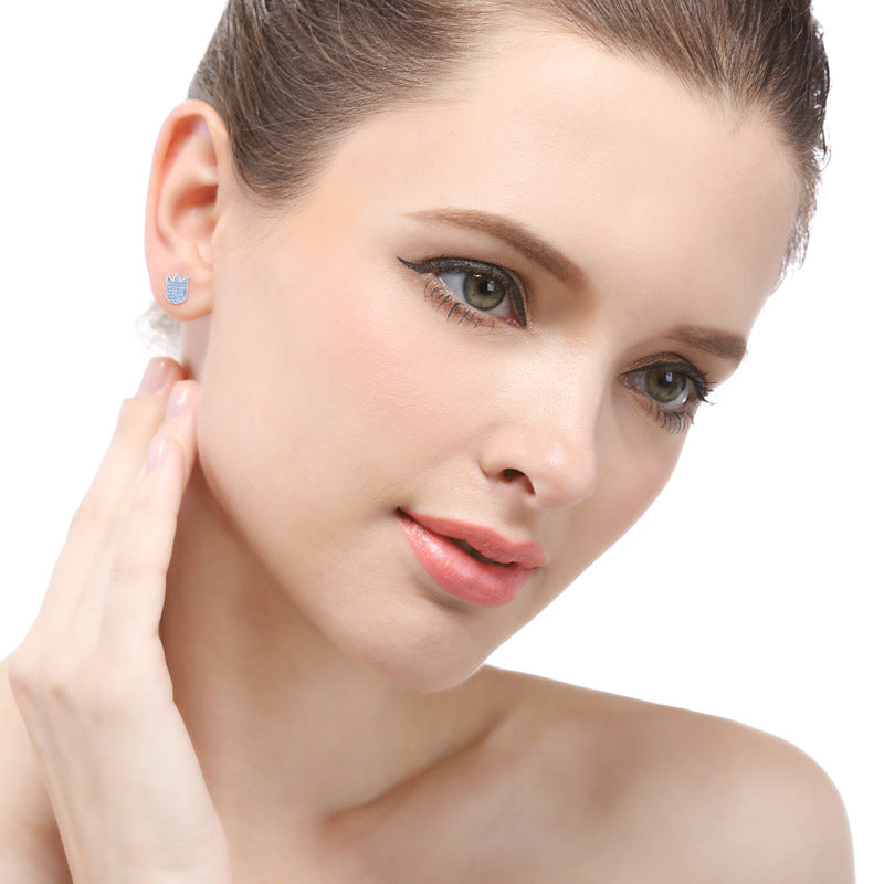 925 Sterling Silver Floral Stud Earrings - Korean Style Diamond Geometric Earrings with Plastic Stoppers