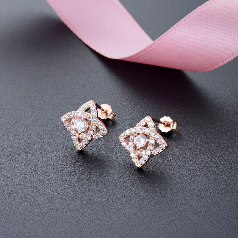 925 Sterling Silver Floral Stud Earrings - White Gold/Rose Gold Plated Diamond Accent Korean Style Earrings with Plastic Stoppers