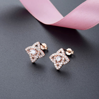 925 Sterling Silver Floral Stud Earrings - White Gold/Rose Gold Plated Diamond Accent Korean Style Earrings with Plastic Stoppers