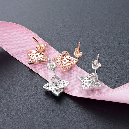 925 Sterling Silver Floral Stud Earrings - White Gold/Rose Gold Plated Diamond Accent Korean Style Earrings with Plastic Stoppers