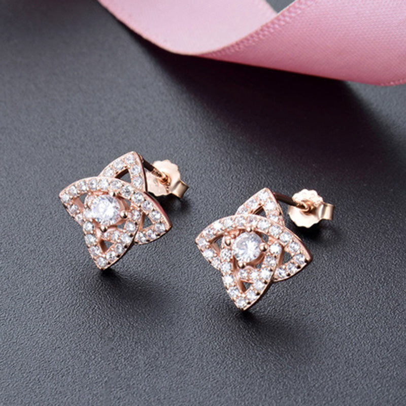 925 Sterling Silver Floral Stud Earrings - White Gold/Rose Gold Plated Diamond Accent Korean Style Earrings with Plastic Stoppers