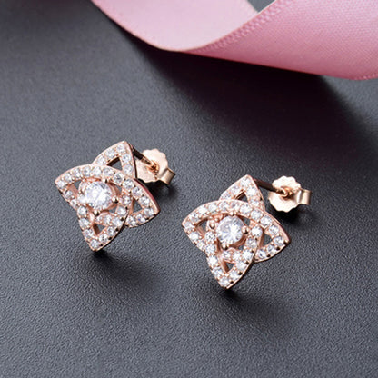 925 Sterling Silver Floral Stud Earrings - White Gold/Rose Gold Plated Diamond Accent Korean Style Earrings with Plastic Stoppers