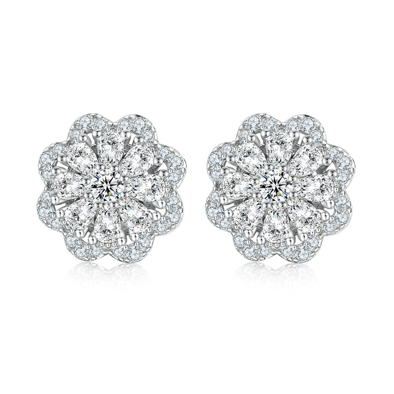 925 Sterling Silver Floral Stud Earrings for Women Elegant Zircon Flower Jewelry White Gold Plated
