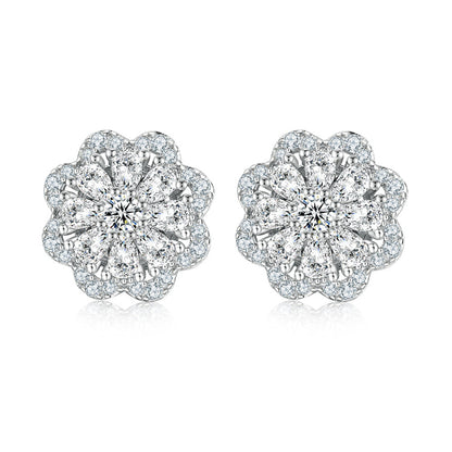925 Sterling Silver Floral Stud Earrings for Women Elegant Zircon Flower Jewelry White Gold Plated