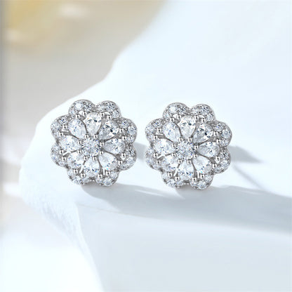 925 Sterling Silver Floral Stud Earrings for Women Elegant Zircon Flower Jewelry White Gold Plated