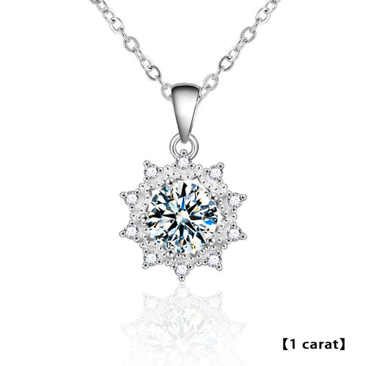 925 Sterling Silver Floral Sun Pendant Necklace with 1ct or 2ct Moissanite Cross Chain Women's Fashion Jewelry