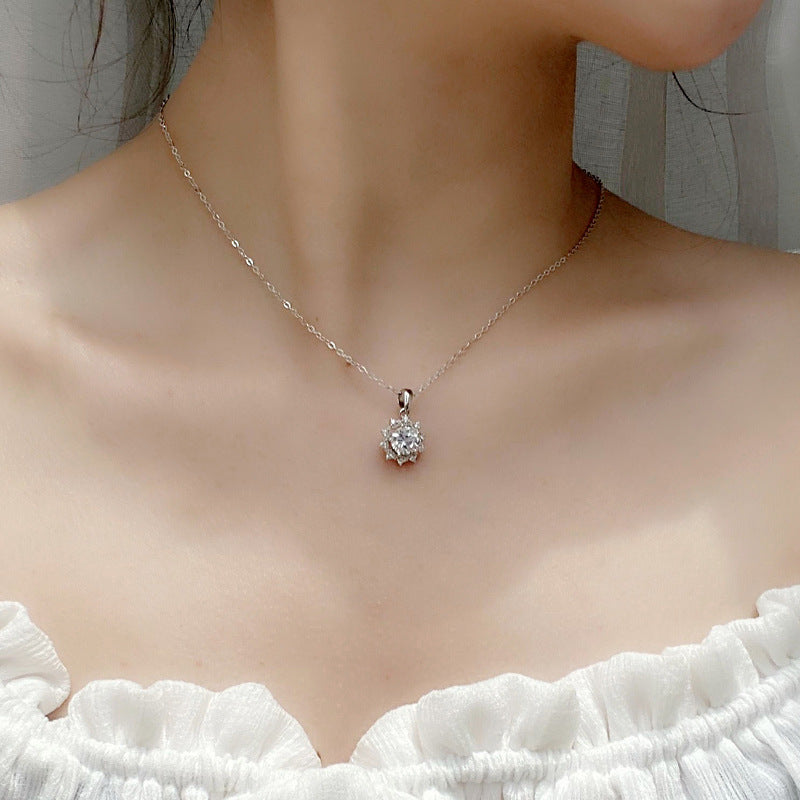 925 Sterling Silver Floral Sun Pendant Necklace with 1ct or 2ct Moissanite Cross Chain Women's Fashion Jewelry