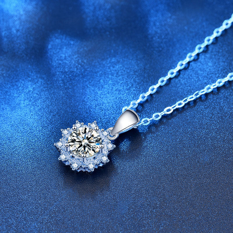 925 Sterling Silver Floral Sun Pendant Necklace with 1ct or 2ct Moissanite Cross Chain Women's Fashion Jewelry