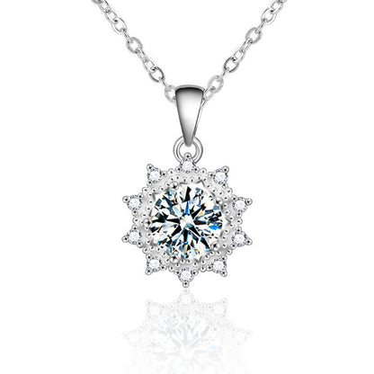 925 Sterling Silver Floral Sun Pendant Necklace with 1ct or 2ct Moissanite Cross Chain Women's Fashion Jewelry