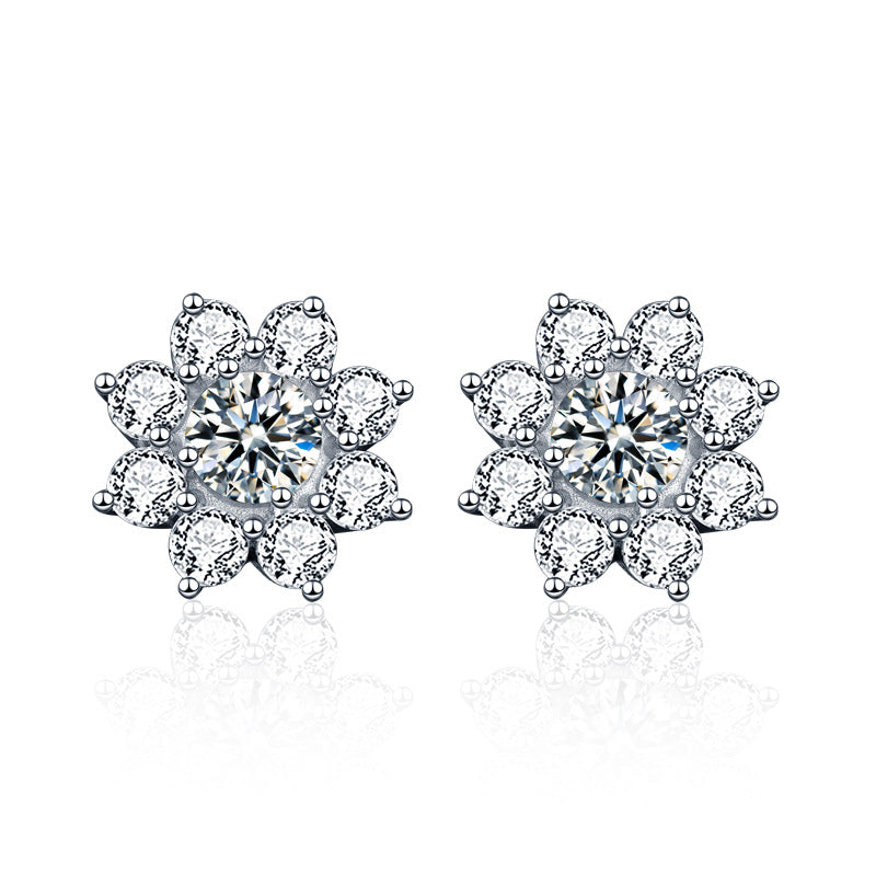 925 Sterling Silver Floral Sun Stud Earrings with 0.5ct Moissanite Thick White Gold Plated Hypoallergenic Jewelry for Women