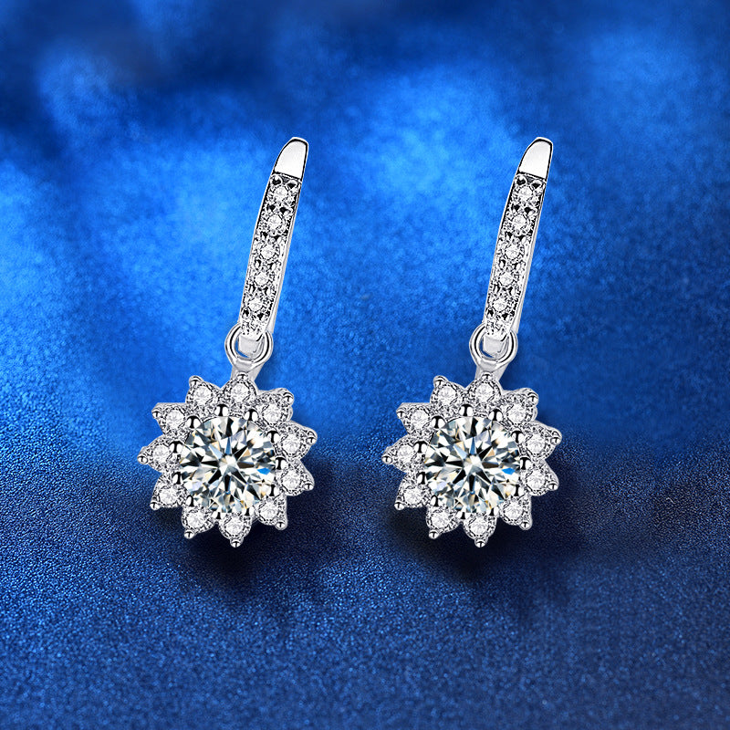 925 Sterling Silver Floral Sun Stud Earrings with 0.5ct or 1ct Moissanite Rhodium Plated Minimalist Jewelry for Women