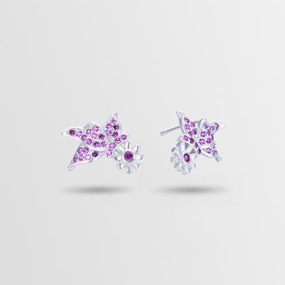 925 Sterling Silver Flower Stud Earrings - Korean Style Purple/Blue CZ Geometric Earrings with Plastic Stoppers
