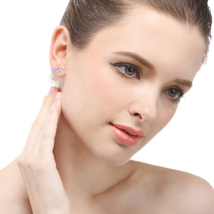 925 Sterling Silver Flower Stud Earrings - Korean Style Purple/Blue CZ Geometric Earrings with Plastic Stoppers