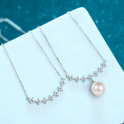 925 Sterling Silver Four-Leaf Clover Necklace with 33.6-Point Moissanite & 10mm Freshwater Pearl