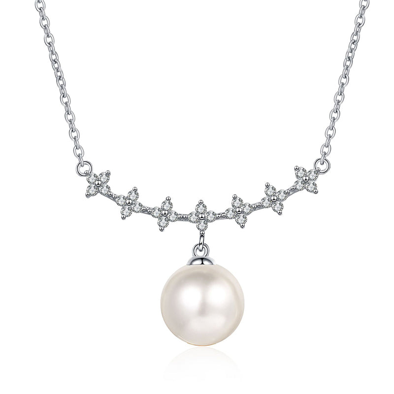 925 Sterling Silver Four-Leaf Clover Necklace with 33.6-Point Moissanite & 10mm Freshwater Pearl