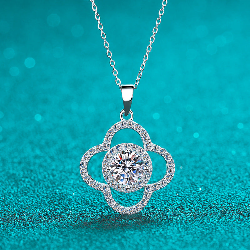 925 Sterling Silver Four-Leaf Clover Pendant Necklace - 1CT Moissanite PT950-Plated Luxury Chain