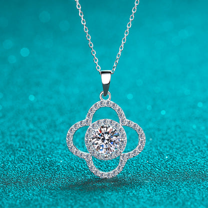 925 Sterling Silver Four-Leaf Clover Pendant Necklace - 1CT Moissanite PT950-Plated Luxury Chain