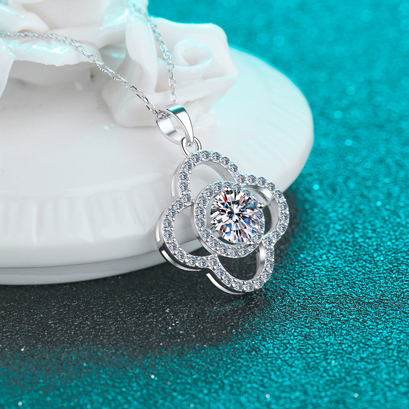 925 Sterling Silver Four-Leaf Clover Pendant Necklace - 1CT Moissanite PT950-Plated Luxury Chain