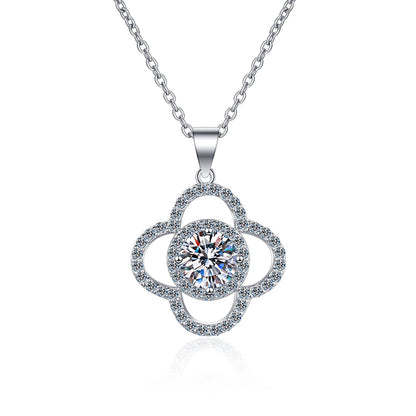 925 Sterling Silver Four-Leaf Clover Pendant Necklace - 1CT Moissanite PT950-Plated Luxury Chain