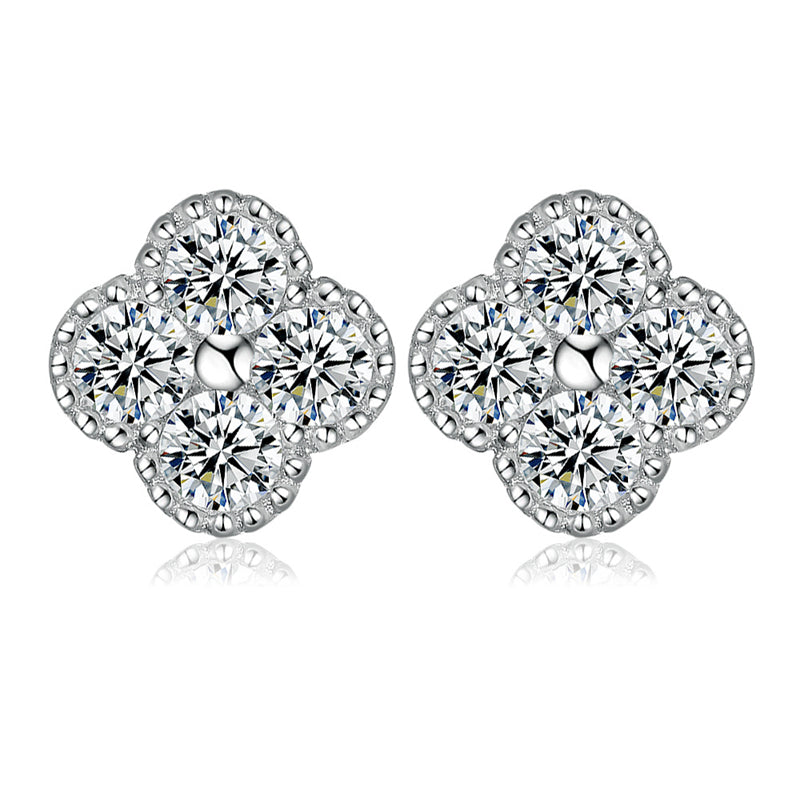 925 Sterling Silver Four-Leaf Clover Stud Earrings – Elegant Floral Design with Zircon Accents