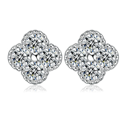925 Sterling Silver Four-Leaf Clover Stud Earrings – Elegant Floral Design with Zircon Accents