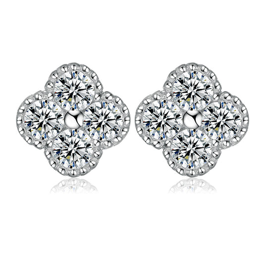 925 Sterling Silver Four-Leaf Clover Stud Earrings – Elegant Floral Design with Zircon Accents