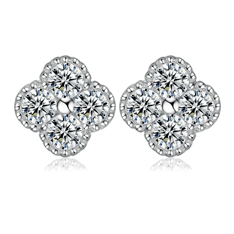 925 Sterling Silver Four-Leaf Clover Stud Earrings – Elegant Floral Design with Zircon Accents