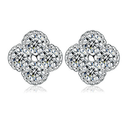 925 Sterling Silver Four-Leaf Clover Stud Earrings – Elegant Floral Design with Zircon Accents