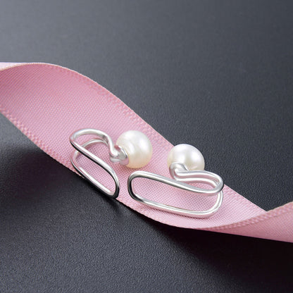 925 Sterling Silver Freshwater Pearl Clip-On Earrings - Korean Style U-Shaped Geometric Earrings for Non-Pierced Ears