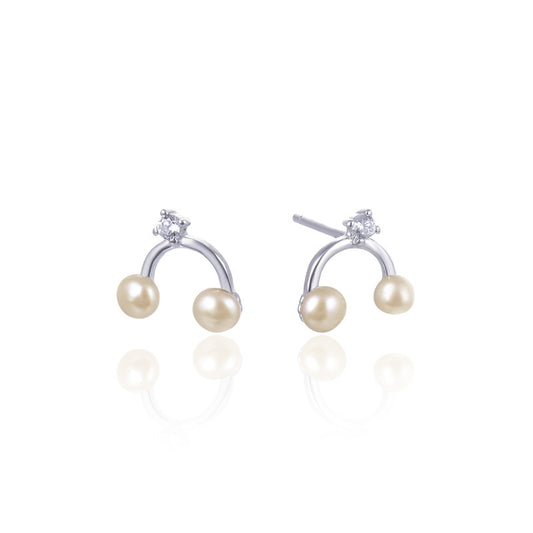 925 Sterling Silver Freshwater Pearl & Diamond Stud Earrings with Plastic Backs - 0.9g Dainty Korean Style Earrings for Women