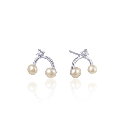 925 Sterling Silver Freshwater Pearl & Diamond Stud Earrings with Plastic Backs - 0.9g Dainty Korean Style Earrings for Women