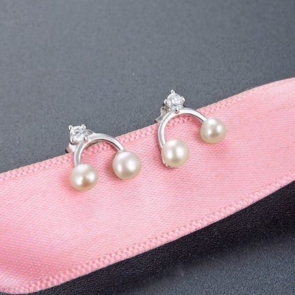 925 Sterling Silver Freshwater Pearl & Diamond Stud Earrings with Plastic Backs - 0.9g Dainty Korean Style Earrings for Women