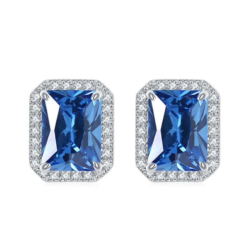 925 Sterling Silver Full-Pavé Rectangular Zircon Stud Earrings – Luxury Square Birthstone Jewelry