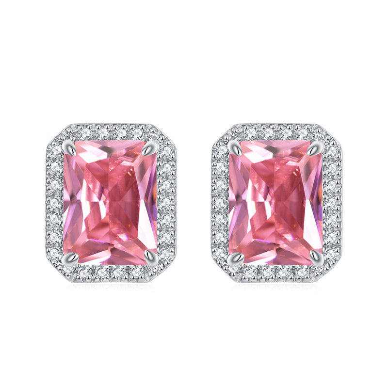 925 Sterling Silver Full-Pavé Rectangular Zircon Stud Earrings – Luxury Square Birthstone Jewelry