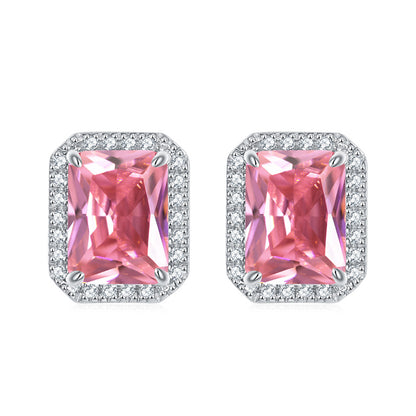 925 Sterling Silver Full-Pavé Rectangular Zircon Stud Earrings – Luxury Square Birthstone Jewelry