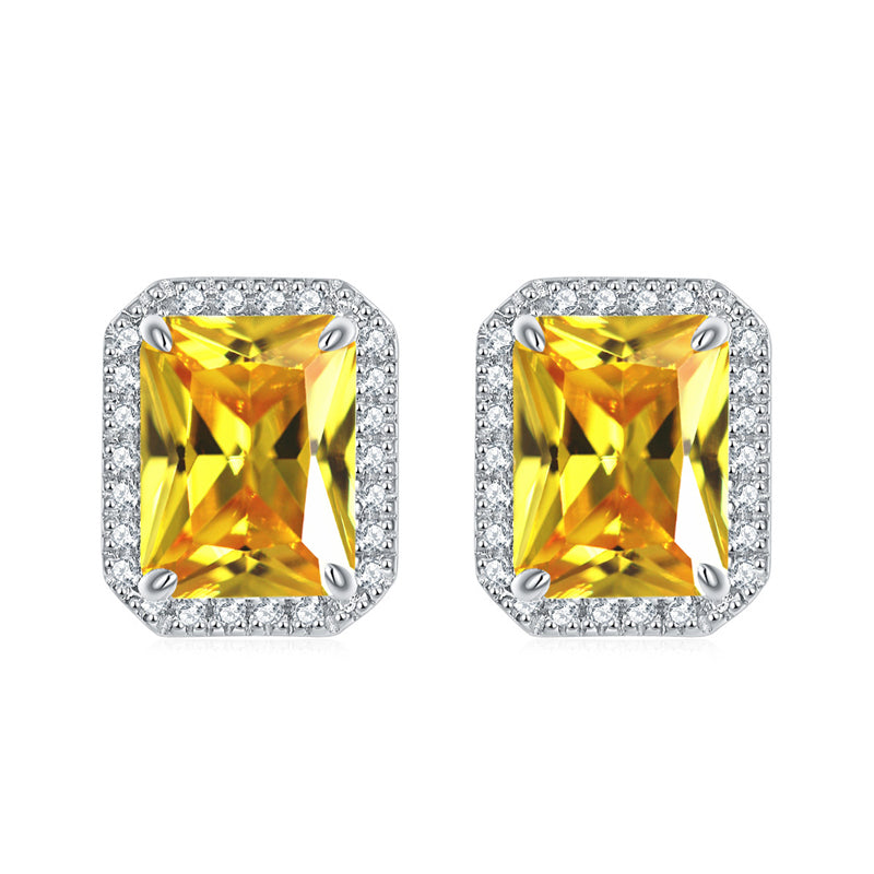925 Sterling Silver Full-Pavé Rectangular Zircon Stud Earrings – Luxury Square Birthstone Jewelry