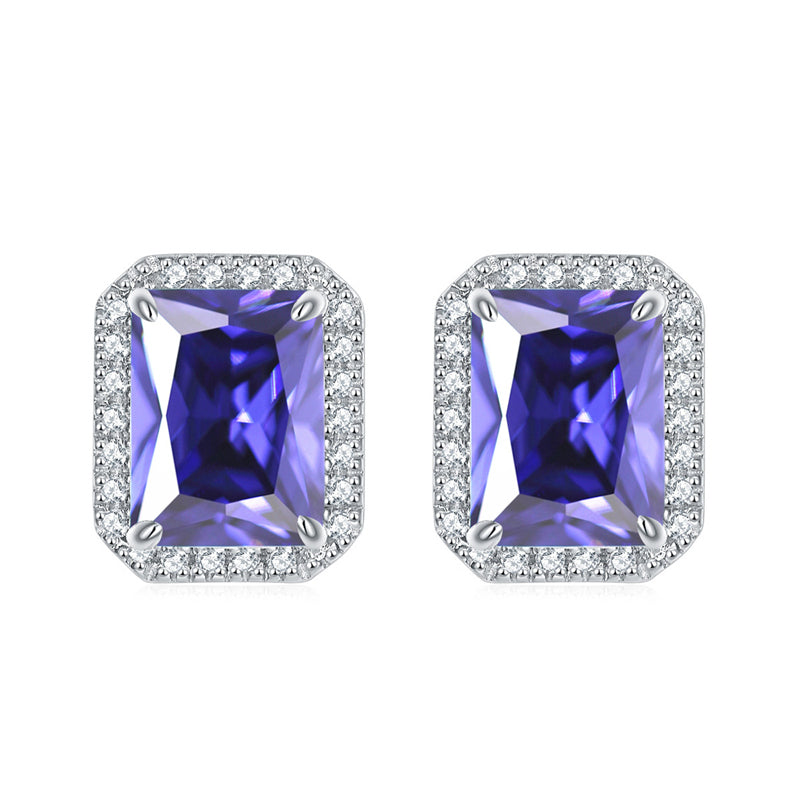 925 Sterling Silver Full-Pavé Rectangular Zircon Stud Earrings – Luxury Square Birthstone Jewelry
