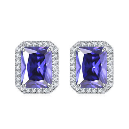 925 Sterling Silver Full-Pavé Rectangular Zircon Stud Earrings – Luxury Square Birthstone Jewelry