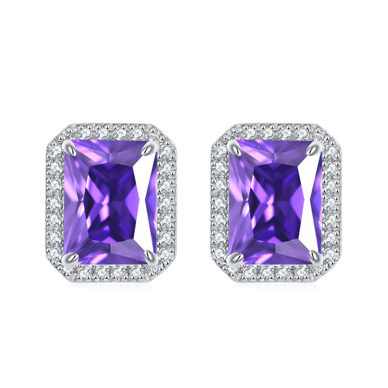 925 Sterling Silver Full-Pavé Rectangular Zircon Stud Earrings – Luxury Square Birthstone Jewelry