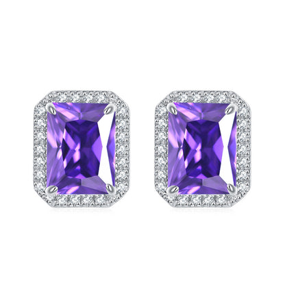 925 Sterling Silver Full-Pavé Rectangular Zircon Stud Earrings – Luxury Square Birthstone Jewelry