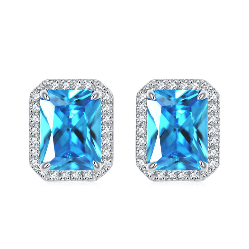 925 Sterling Silver Full-Pavé Rectangular Zircon Stud Earrings – Luxury Square Birthstone Jewelry