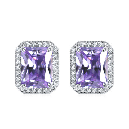 925 Sterling Silver Full-Pavé Rectangular Zircon Stud Earrings – Luxury Square Birthstone Jewelry