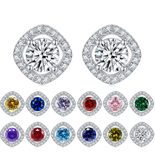925 Sterling Silver Full-Pavé Square Zircon Earrings – Elegant Geometric Birthstone Jewelry