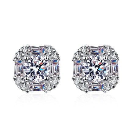 925 Sterling Silver Full Moissanite Stud Earrings - PT950 Gold Plated (1.47CT)