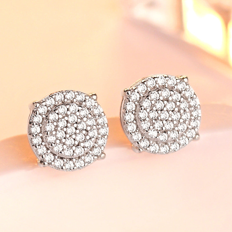 925 Sterling Silver Full Zircon Circle Stud Earrings for Women Round Earrings in White Gold and Rose Gold